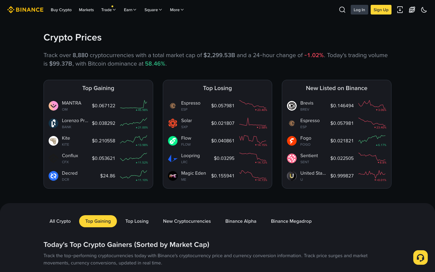 Binance - top gaining cryptos