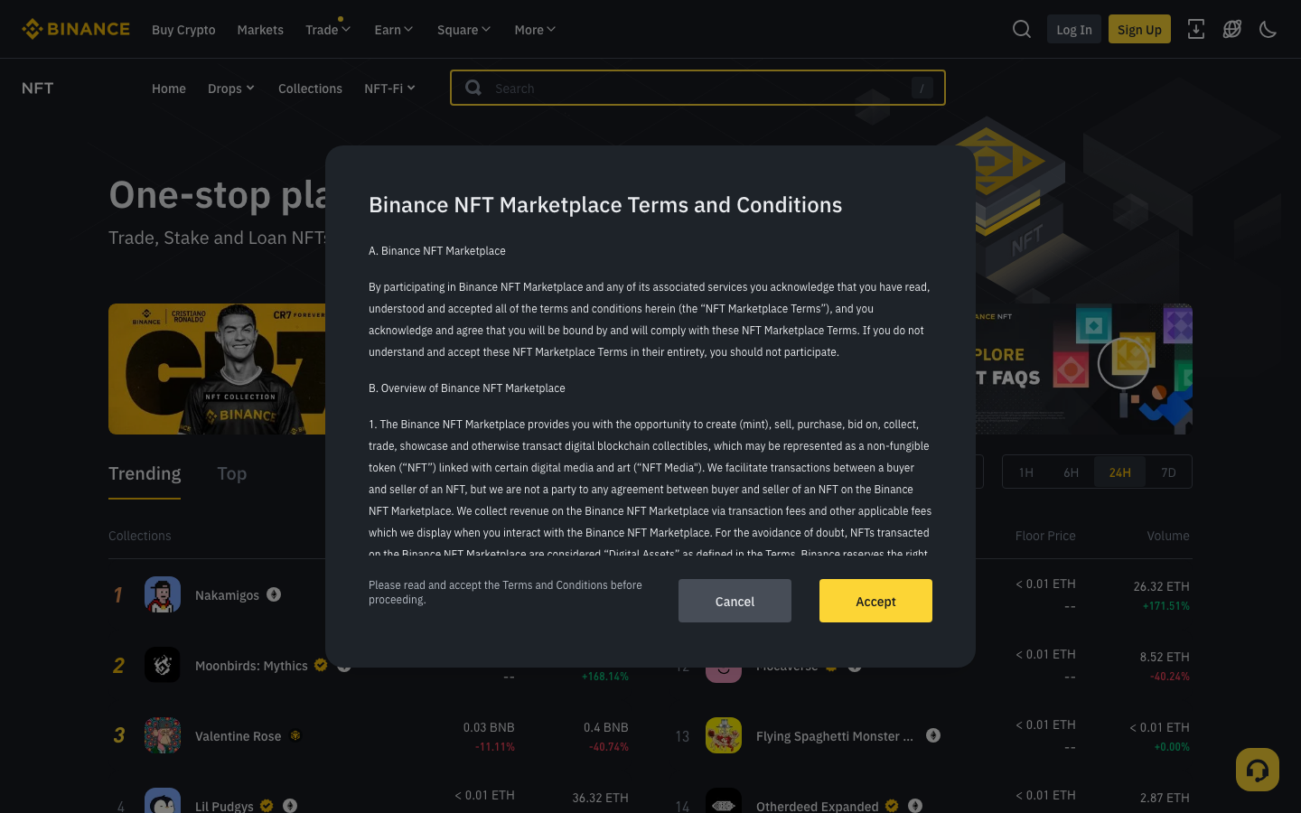 Binance - Cookie/overlay banner