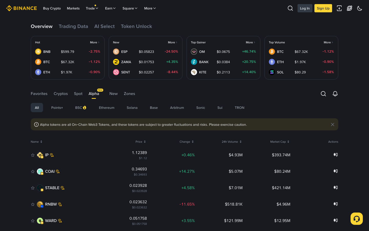 Binance - View More Coins — Alpha tab