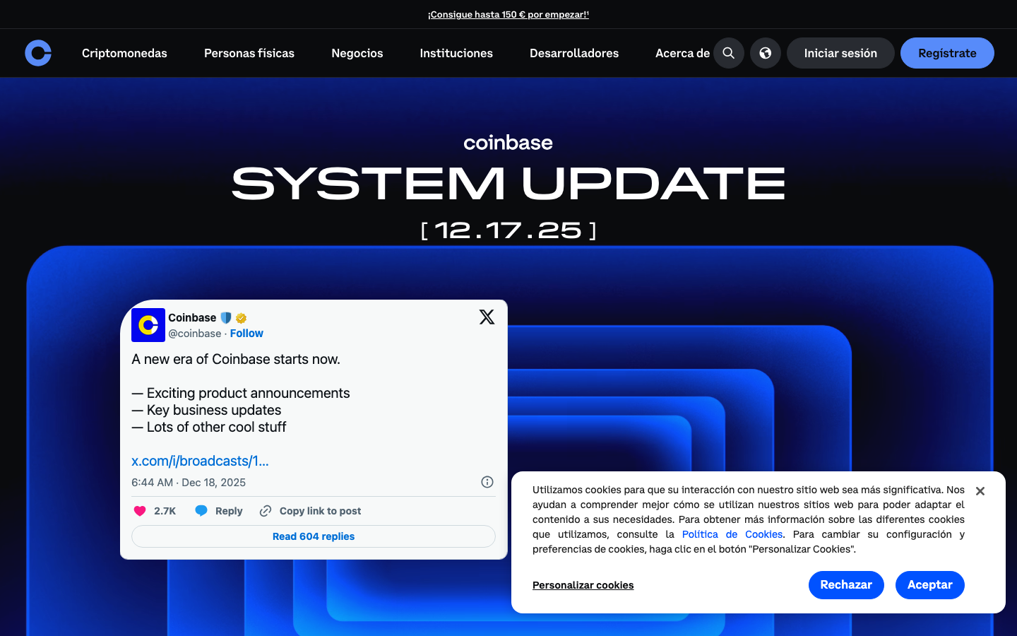 Coinbase - Cookie/overlay banner