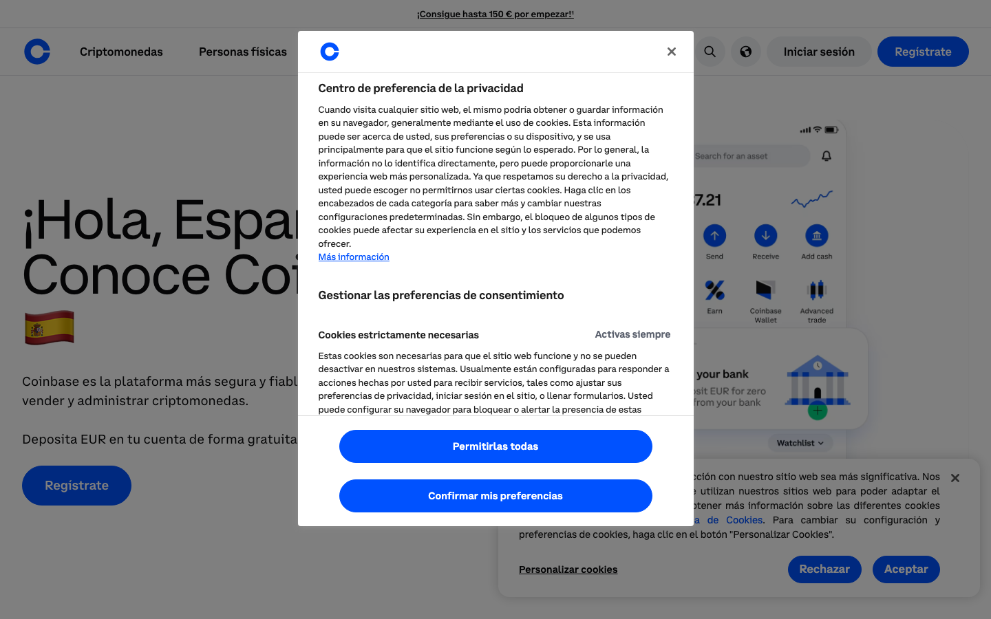 Coinbase - Landing page after overlay dismissed
