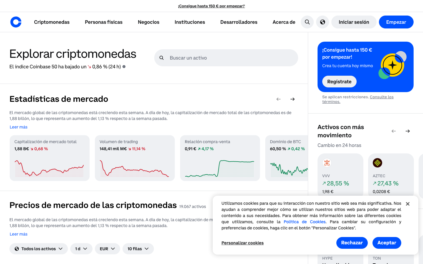 Coinbase - Cookie/overlay banner
