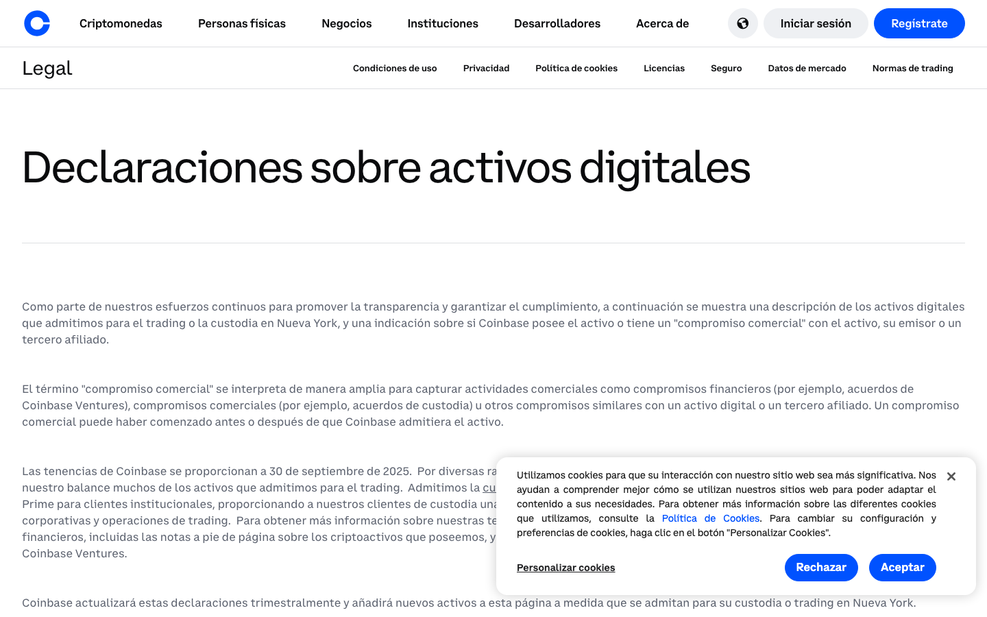 Coinbase - Cookie/overlay banner
