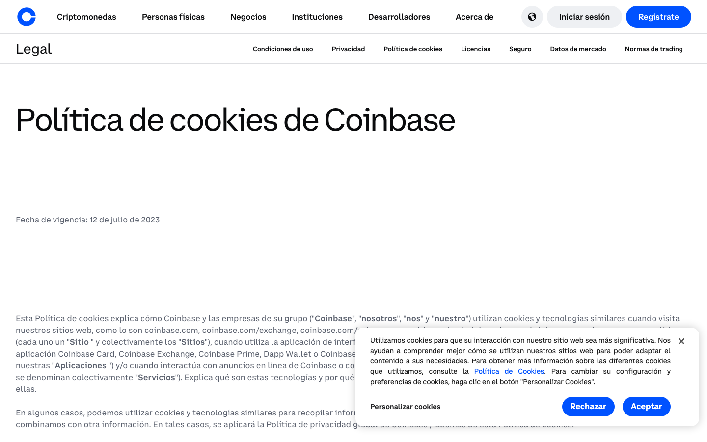 Coinbase - Cookie/overlay banner