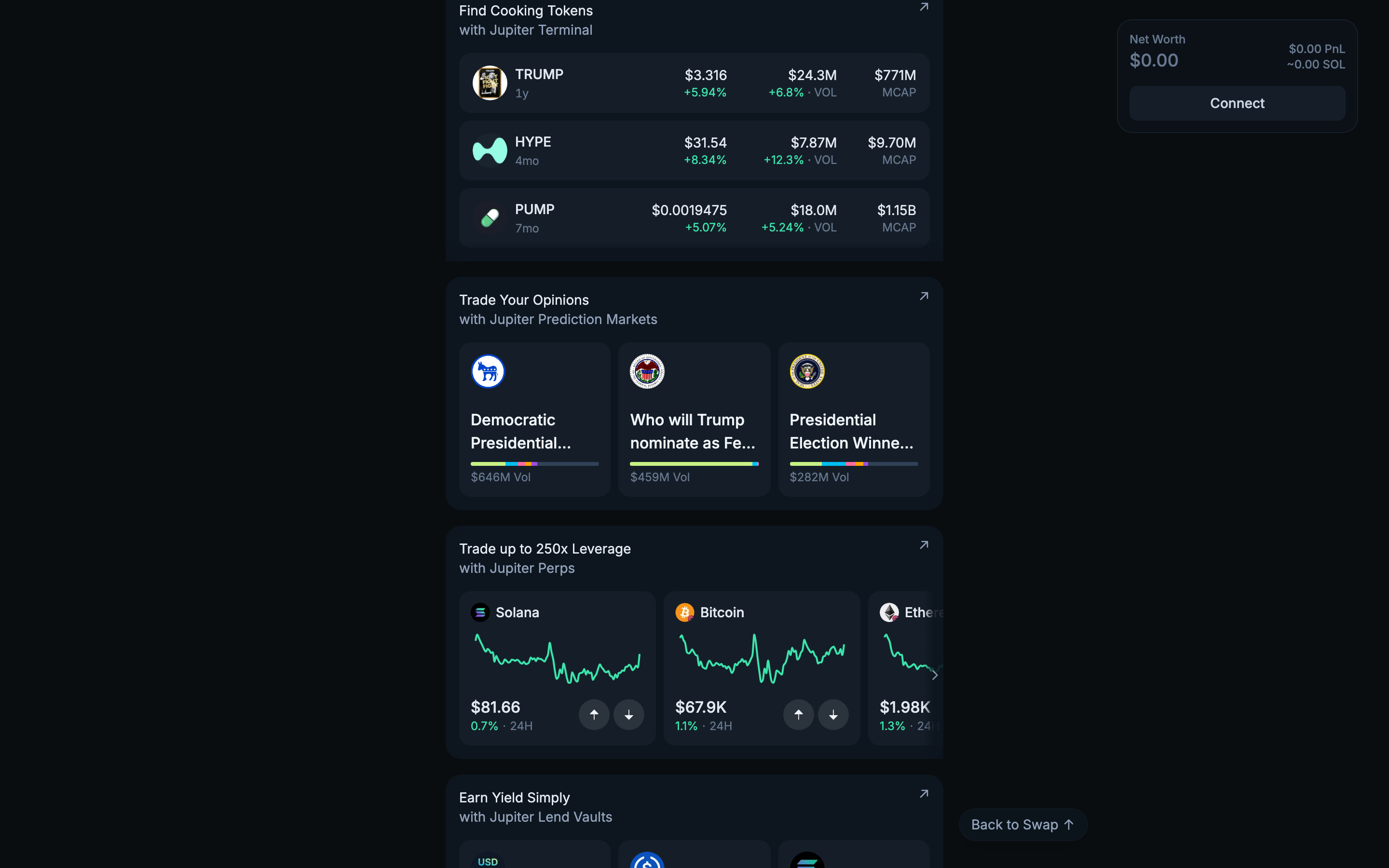 Jupiter - Homepage scrolled - Trending tokens (TRUMP, HYPE, PUMP) and Jupiter Prediction Markets promo section