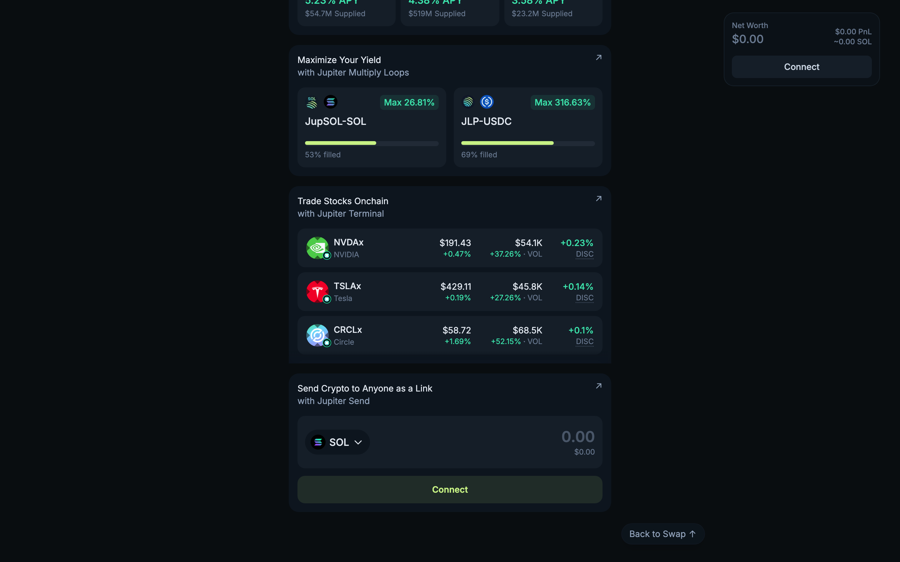 Jupiter - Homepage scrolled - Jupiter Multiply Loops (JupSOL-SOL, JLP-USDC) and Jupiter Terminal stocks section (NVDAx, TSLAx, CRCLx)