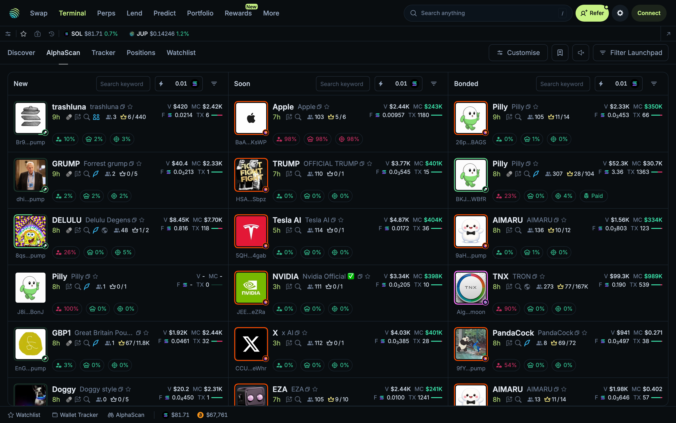 Jupiter - Terminal AlphaScan tab - New token launches with filter and search options
