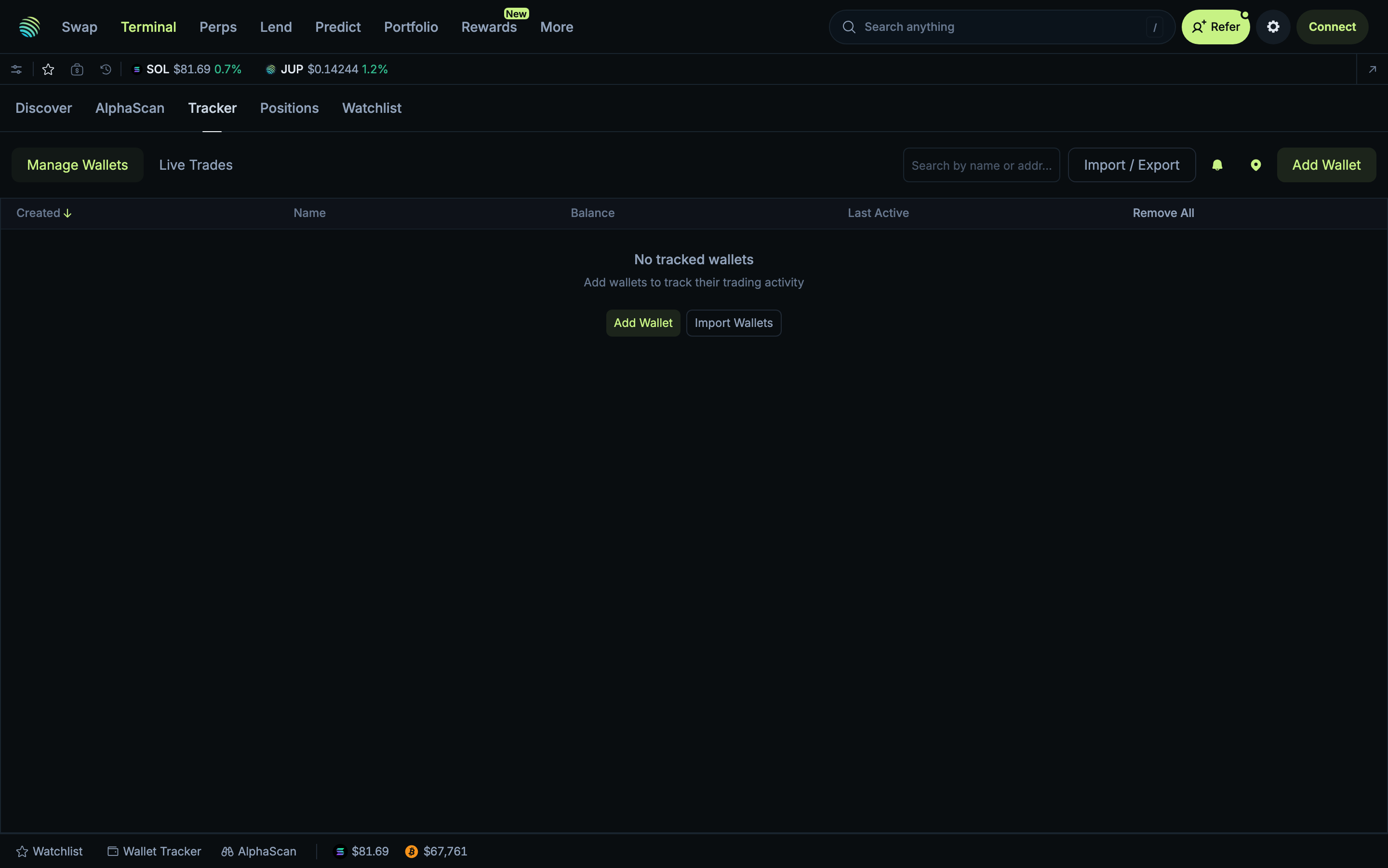 Jupiter - Terminal Tracker tab - Manage Wallets empty state with Add Wallet option