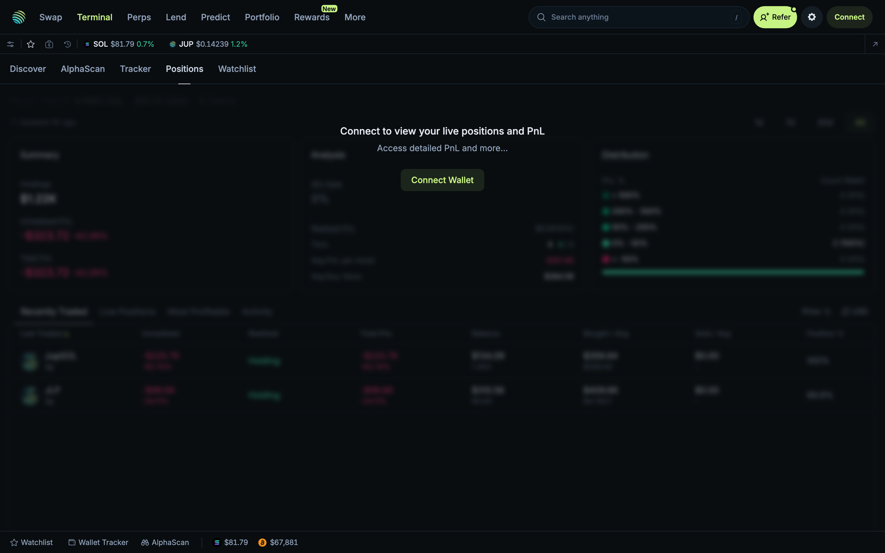 Jupiter - Terminal Positions tab - Connect wallet prompt to view live positions and PnL