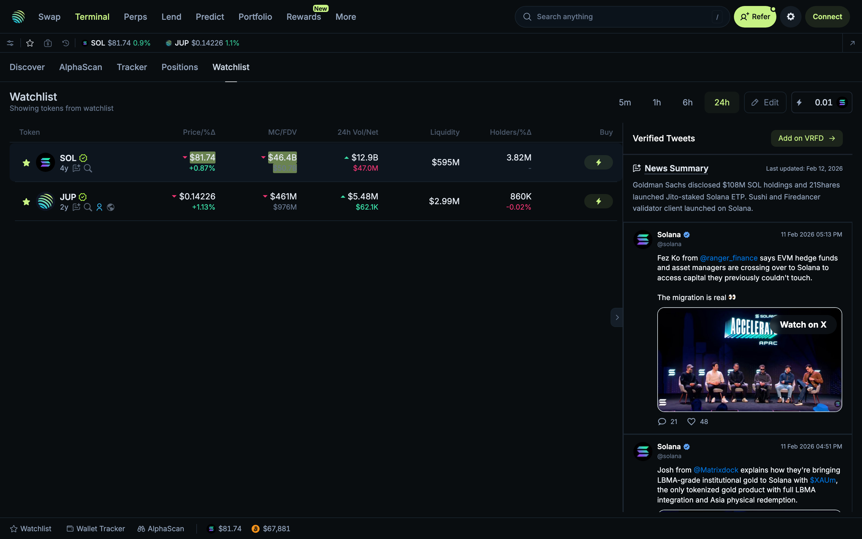 Jupiter - Terminal Watchlist tab - Shows SOL and JUP tokens with 24h price data and metrics