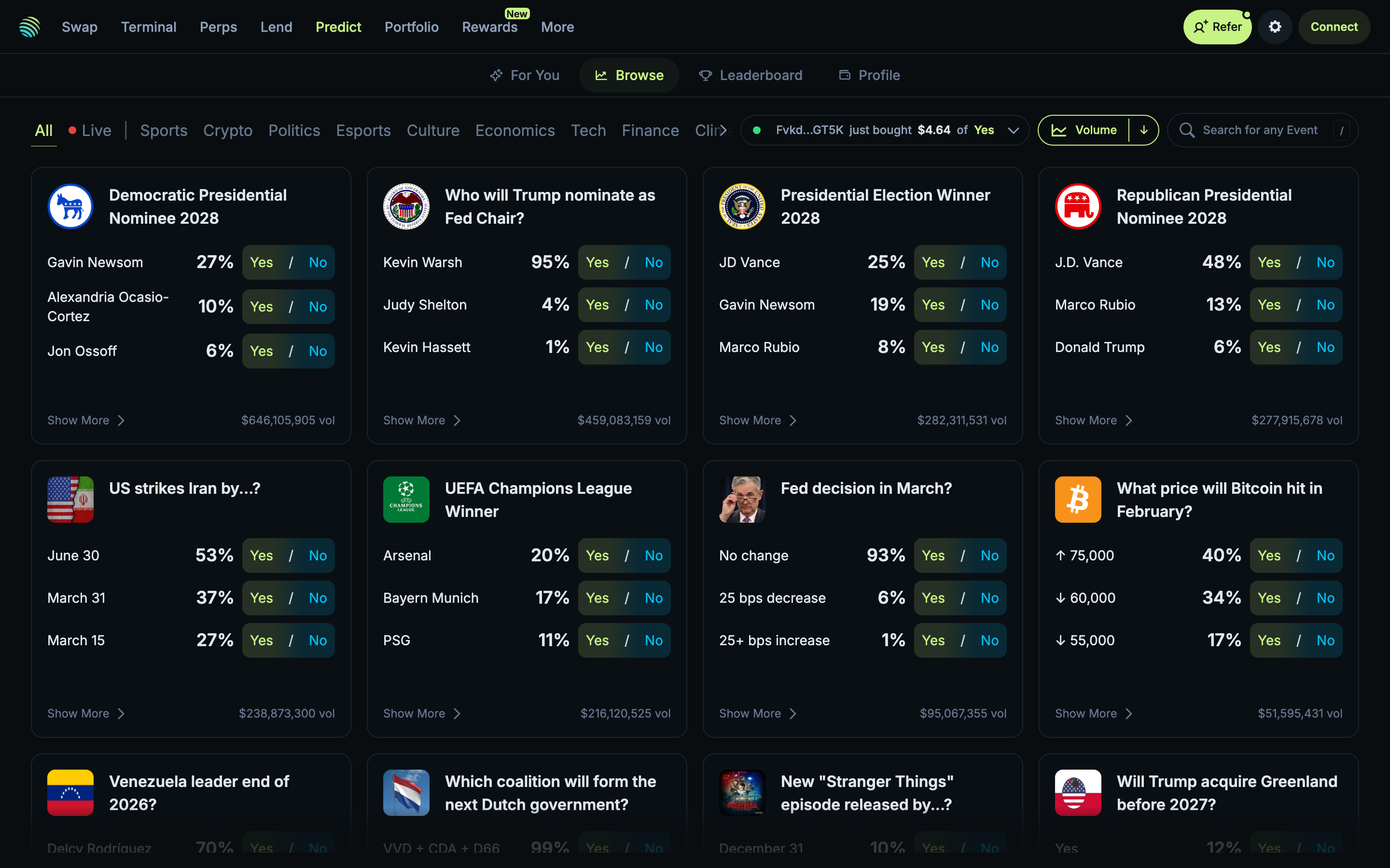Jupiter - Predict page - Browse tab with category filters (Sports, Crypto, Politics, etc.) and loading event cards