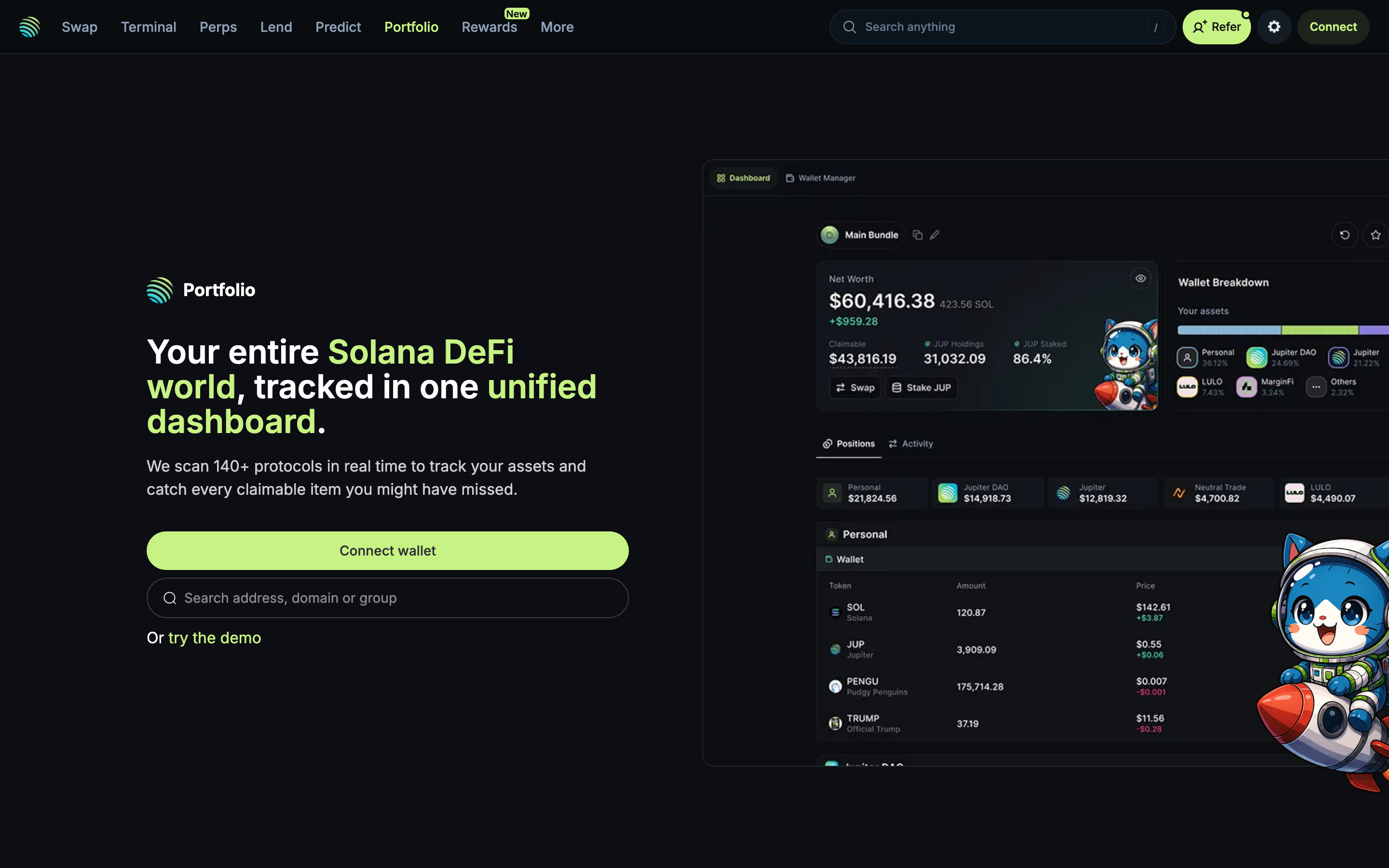 Jupiter - Portfolio page - Landing page with Solana DeFi tracking description and demo preview