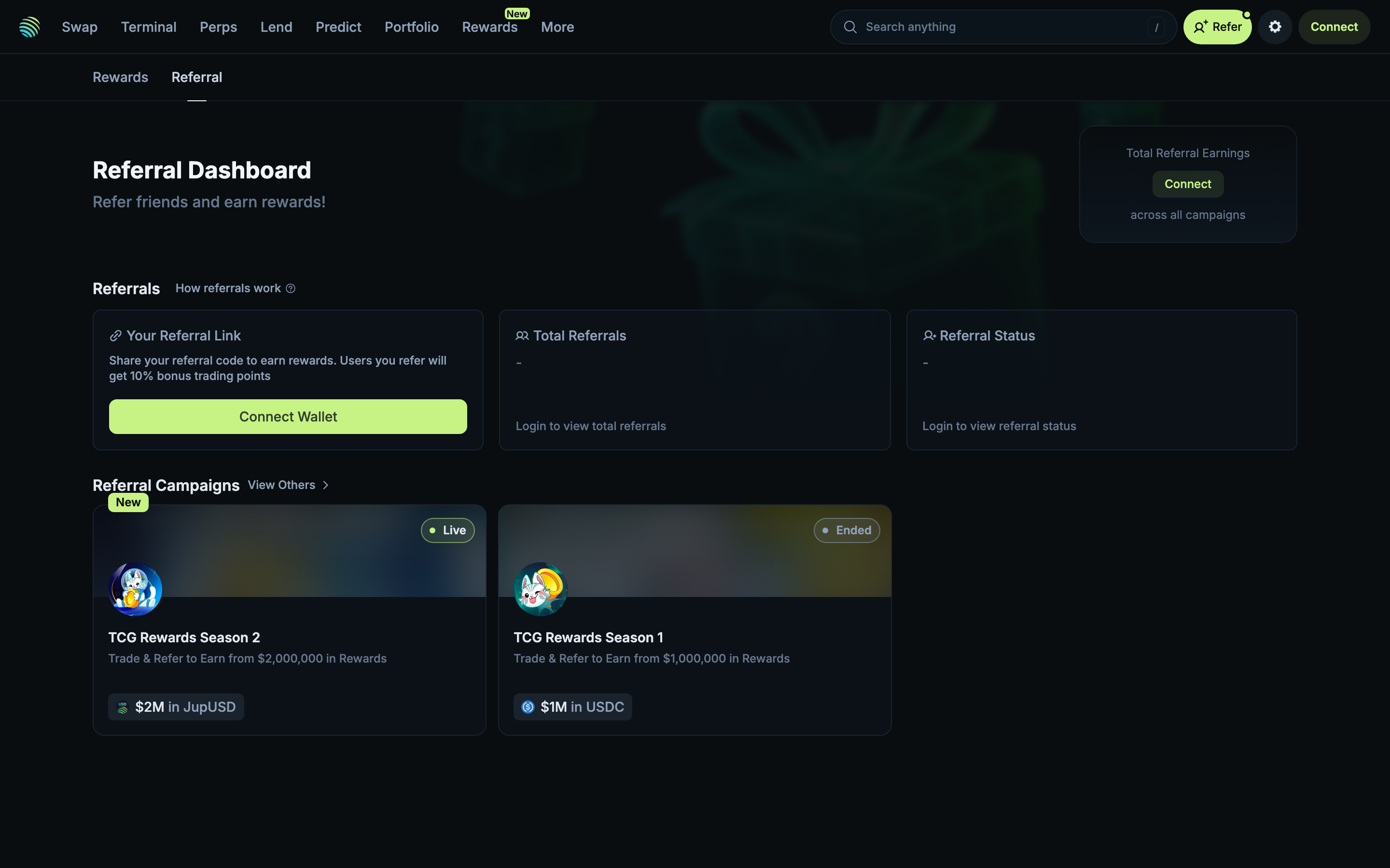 Jupiter - Referral Dashboard - Shows referral link section, total referrals, and referral campaigns