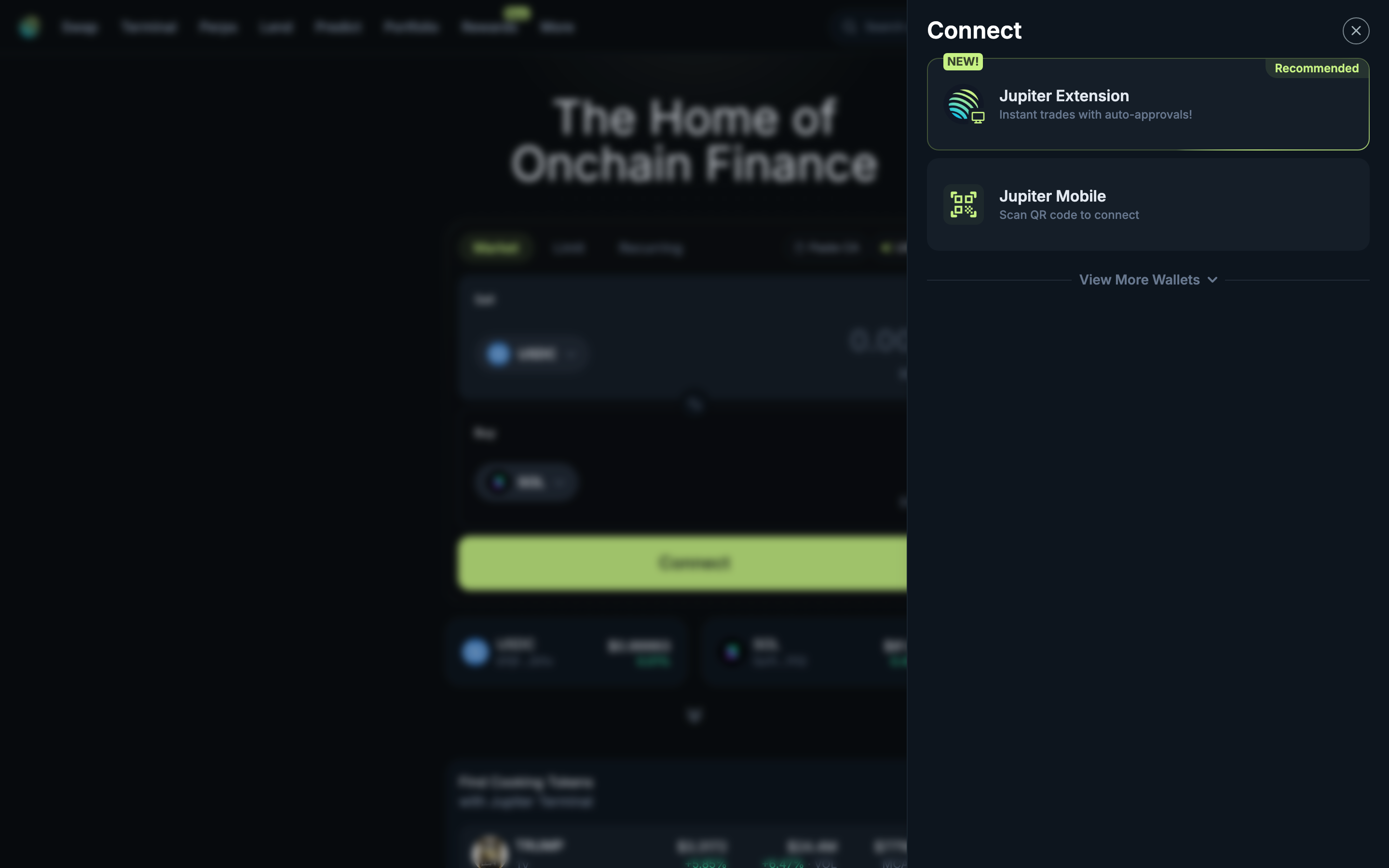 Jupiter - Connect wallet modal - Shows Jupiter Extension (recommended) and Jupiter Mobile options