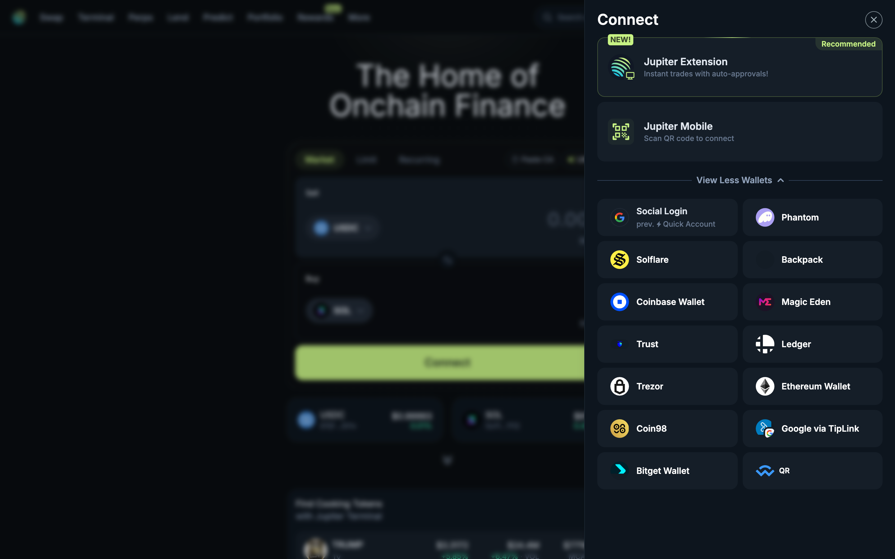 Jupiter - Connect wallet modal expanded - Shows additional wallet options including Social Login, Phantom, Solflare, Backpack, Coinbase, Magic Eden, Trust, Ledger