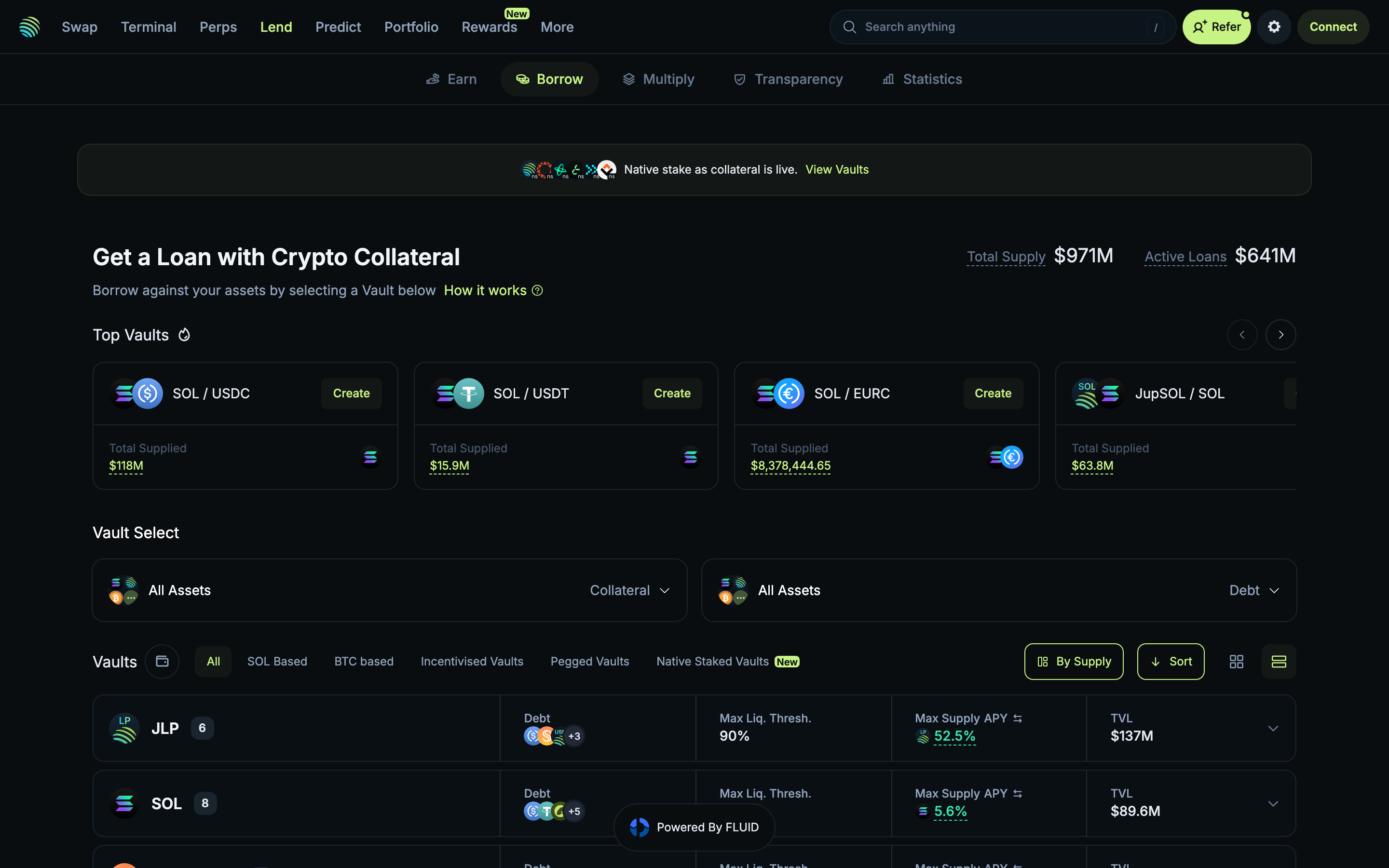 Jupiter - Lend Borrow tab - Get a loan with crypto collateral, showing Top Vaults (loading state)