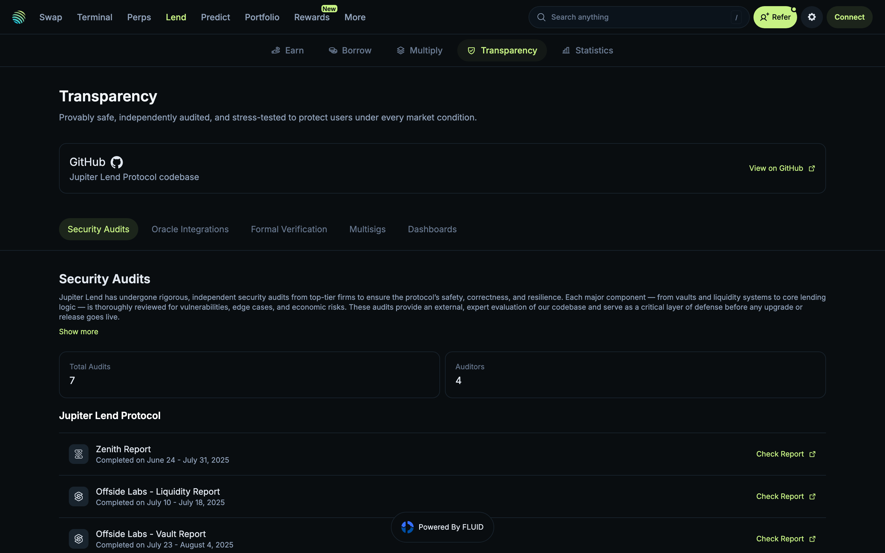 Jupiter - Lend Transparency tab - Security audits section with GitHub link and audit tabs