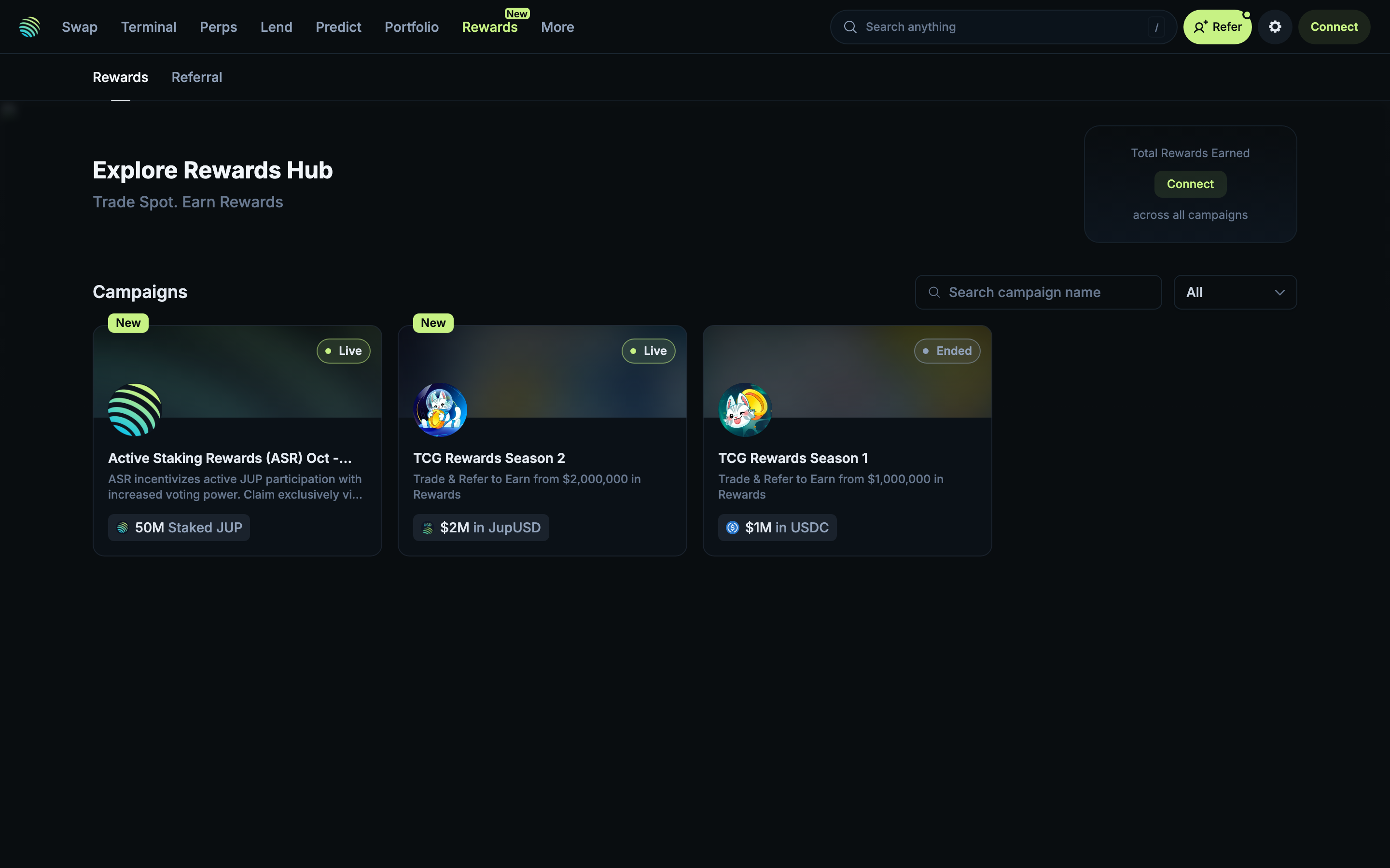 Jupiter - Rewards page - Two live campaigns: Active Staking Rewards (ASR) and TCG Rewards Season 2