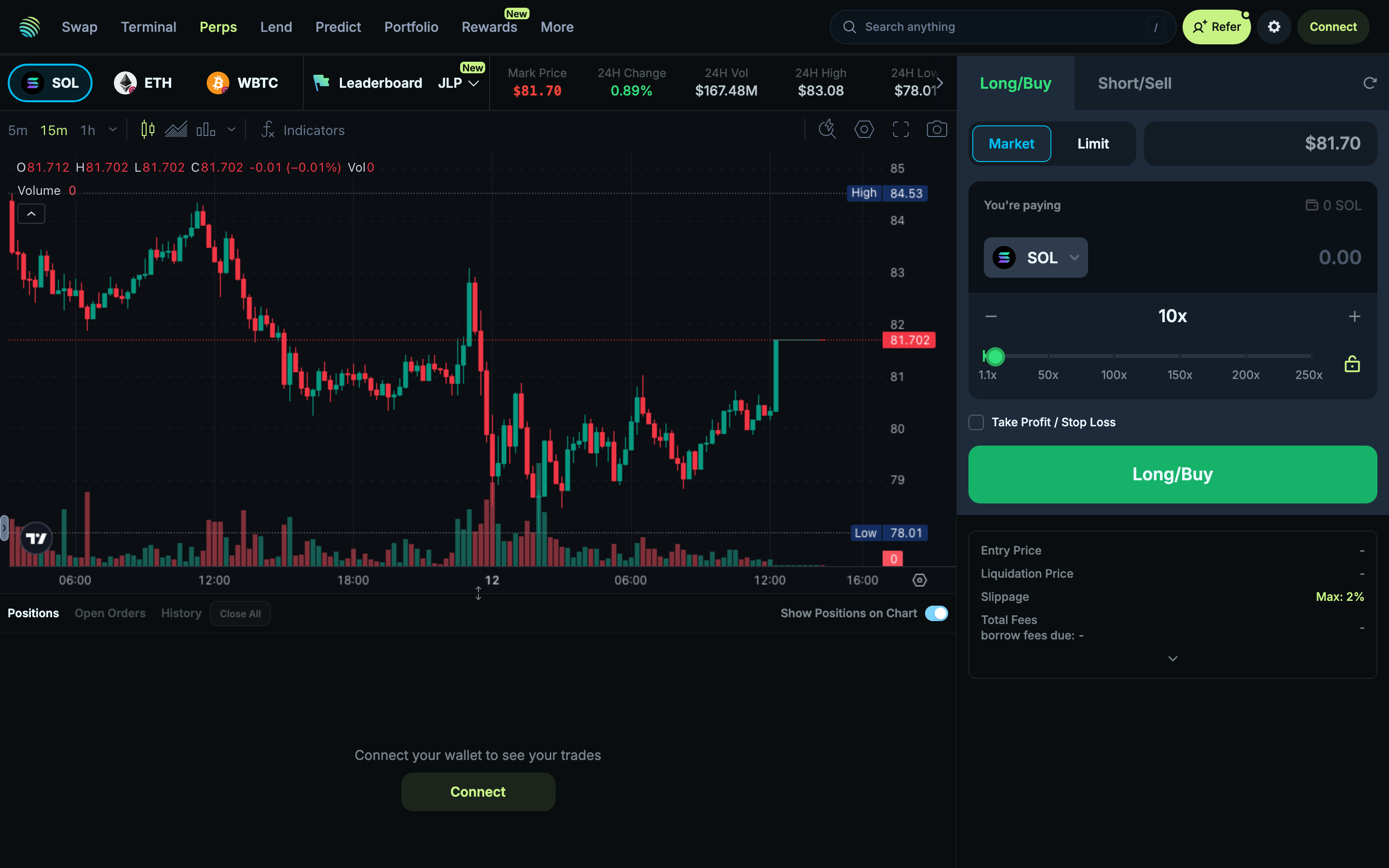 Jupiter - Perps page loading - SOL perpetual trading with price $81.72 and 24h stats