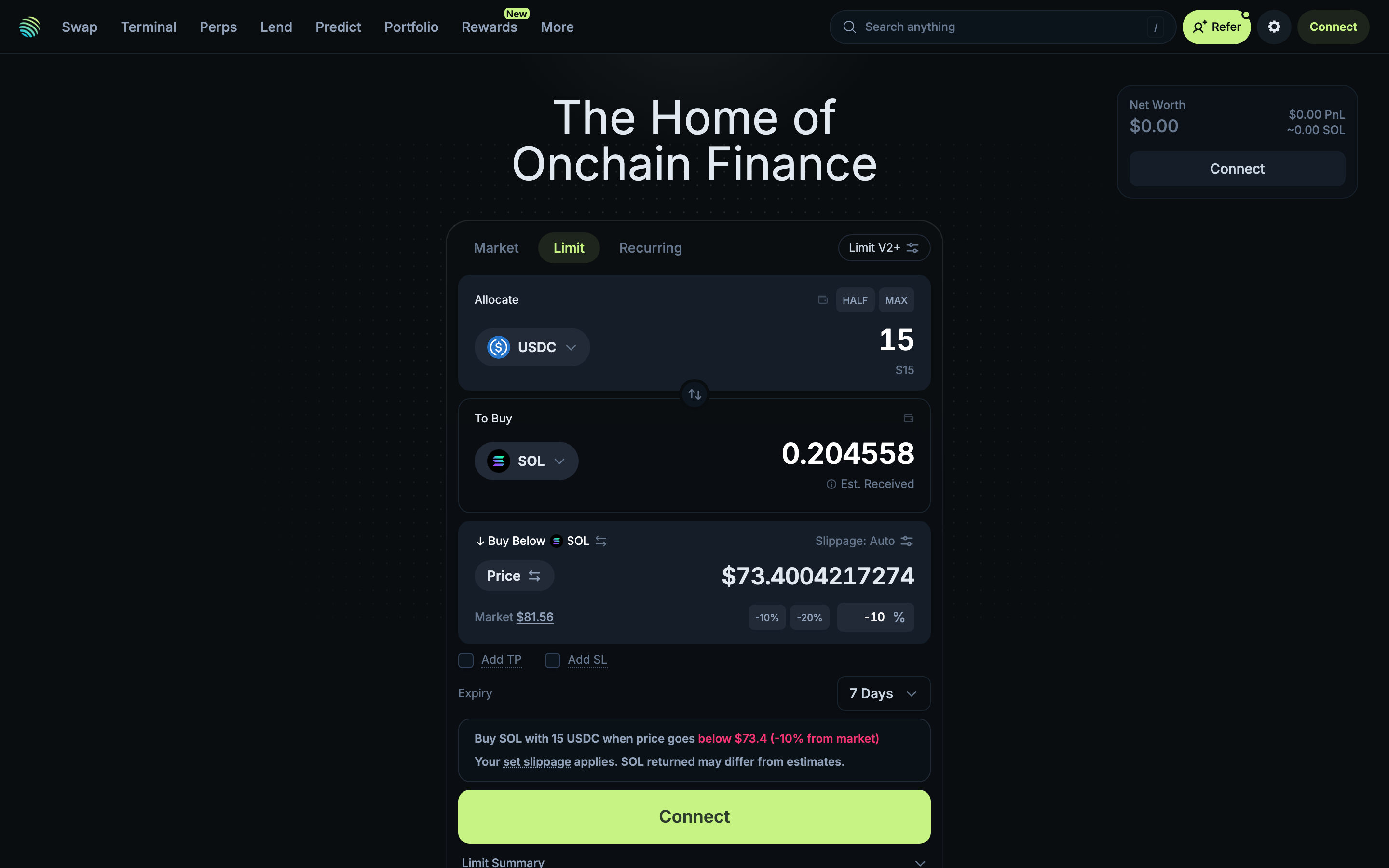 Jupiter - Swap page - Limit order tab with USDC to SOL, showing price and slippage settings