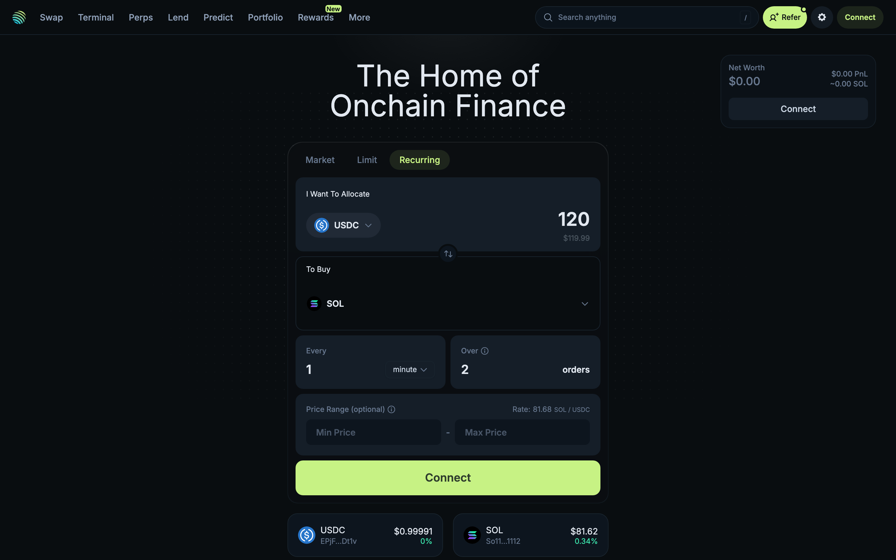 Jupiter - Swap page - Recurring order tab with DCA settings (120 USDC to SOL every 1 minute over 2 orders)