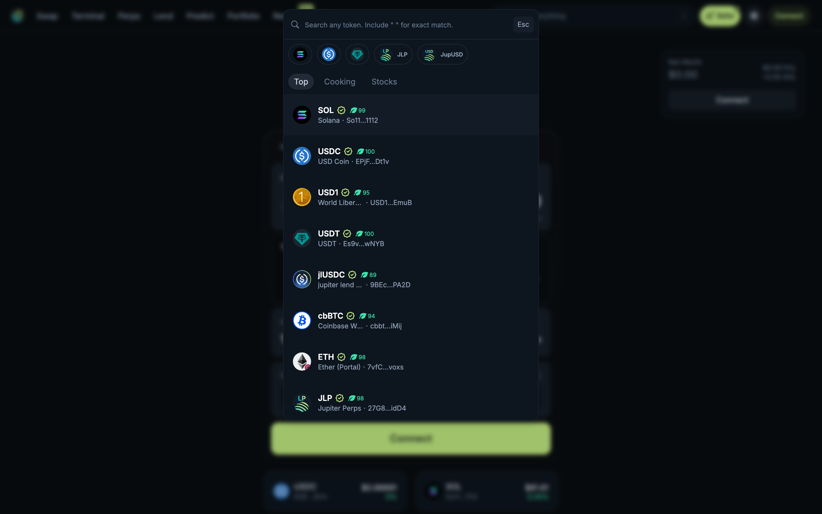 Jupiter - Token selector modal - Shows SOL, USDC, USDT, USD1, jlUSDC, cbBTC with search and filter tabs