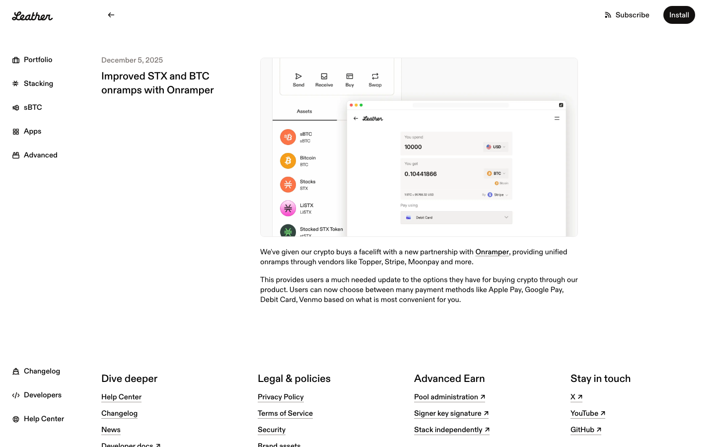 Leather - Dec 4, 2025extensionImproved STX and BTC onramps w