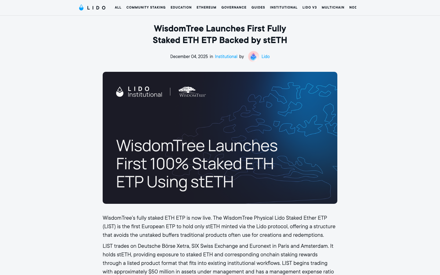 Lido - WisdomTree Launches First Fully Staked ETH ETP Bac