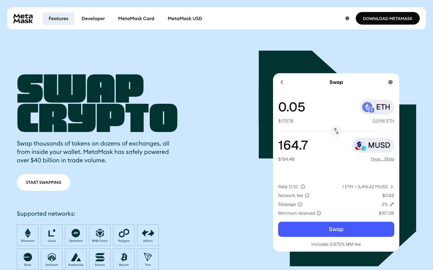 MetaMask - SwapsSafely exchange any tokenMetaMask USDEthereum