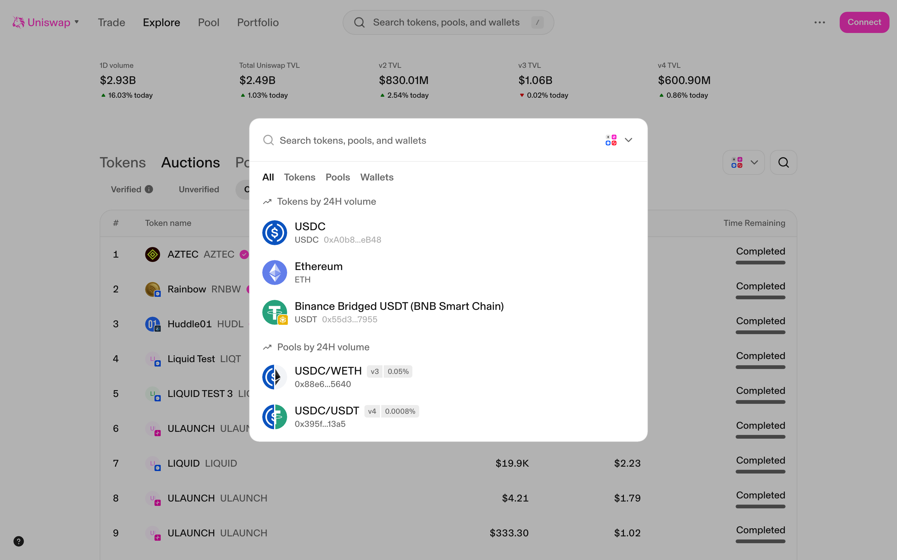 Uniswap - Global search modal - showing tokens, pools, and wallets results