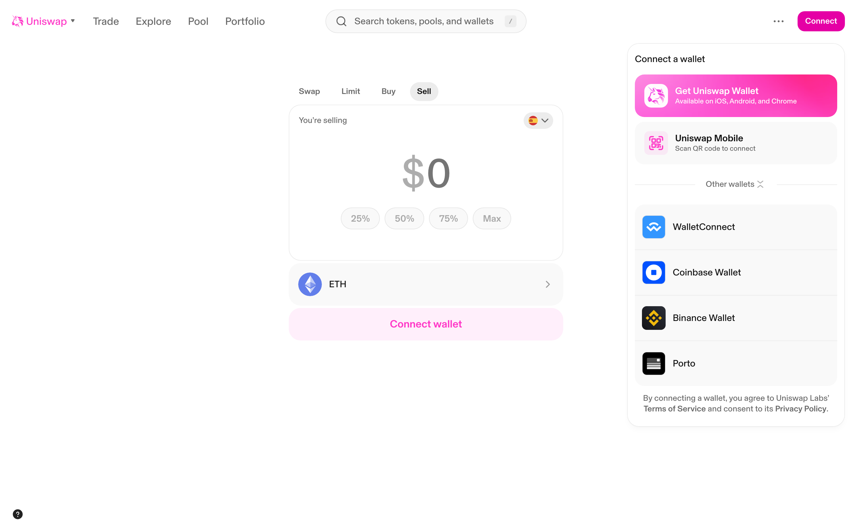 Uniswap - Connect wallet modal - showing Uniswap Wallet, WalletConnect, Coinbase, Binance options