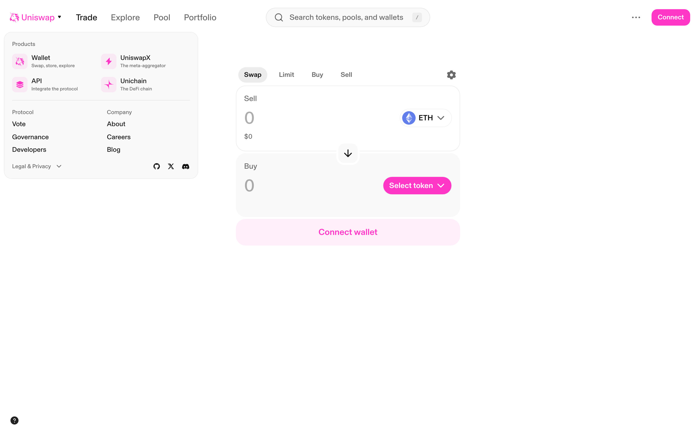 Uniswap - Menu dropdown - showing Products, Protocol, Company sections with links