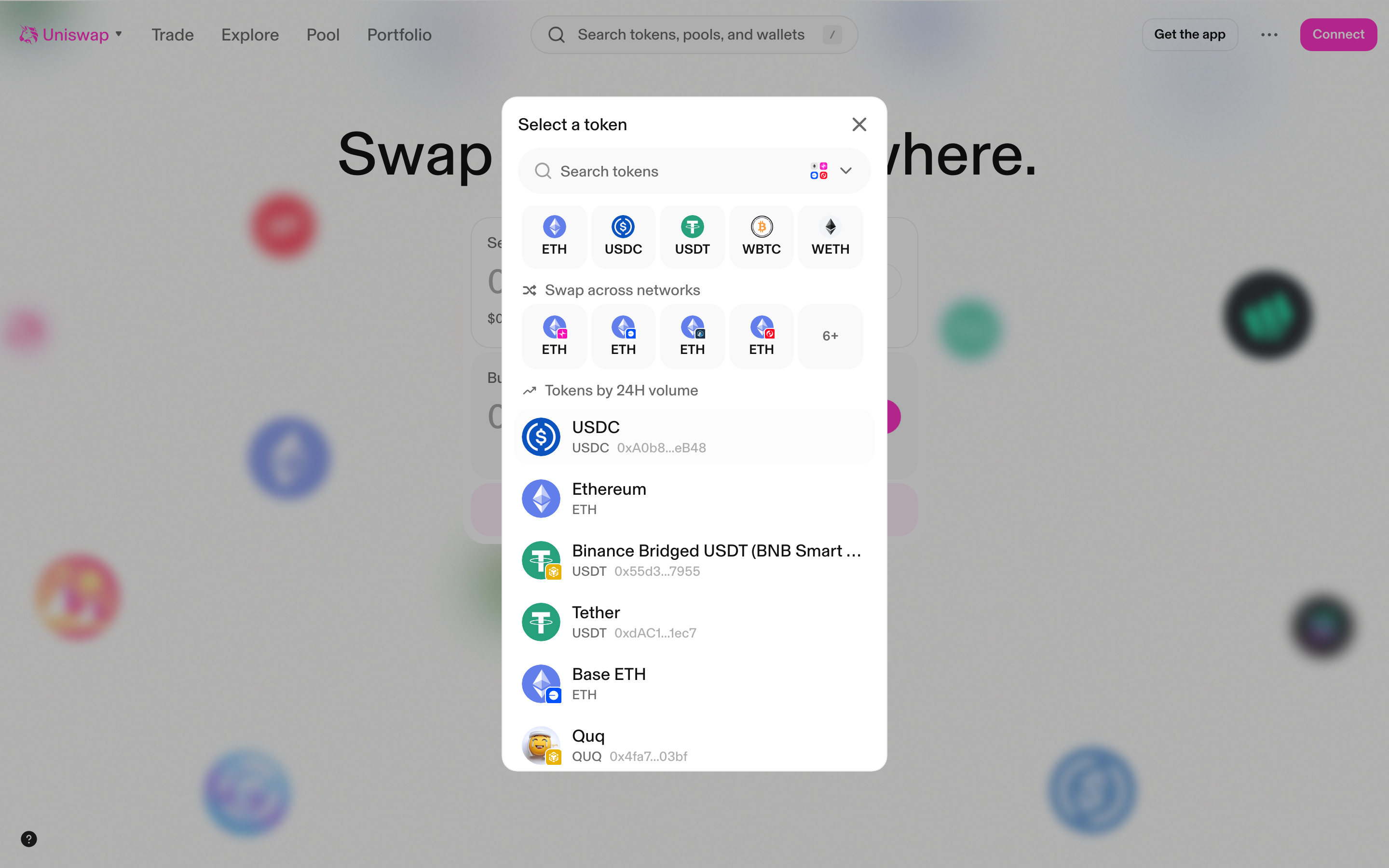 Uniswap - Token selector modal - showing popular tokens and swap across networks