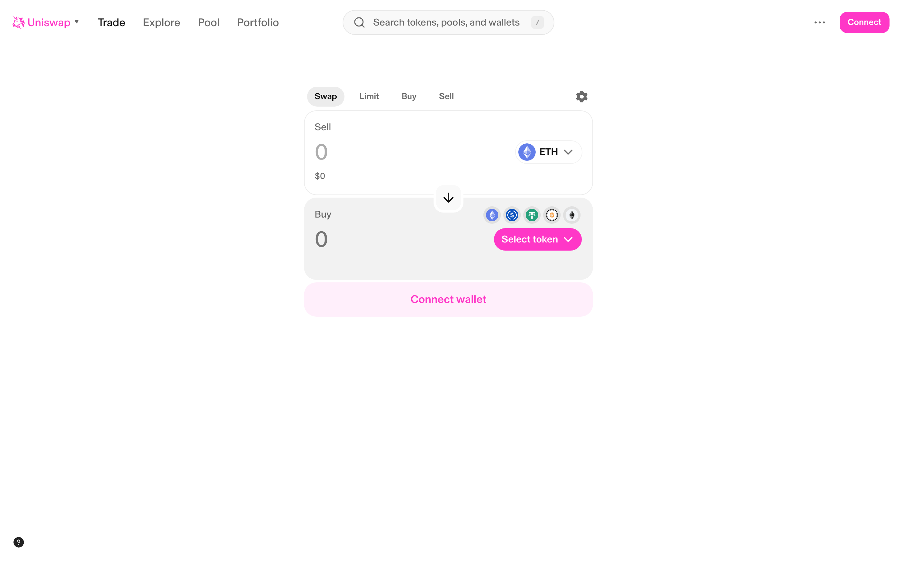 Uniswap - Swap page - showing Swap/Limit/Buy/Sell tabs with swap form