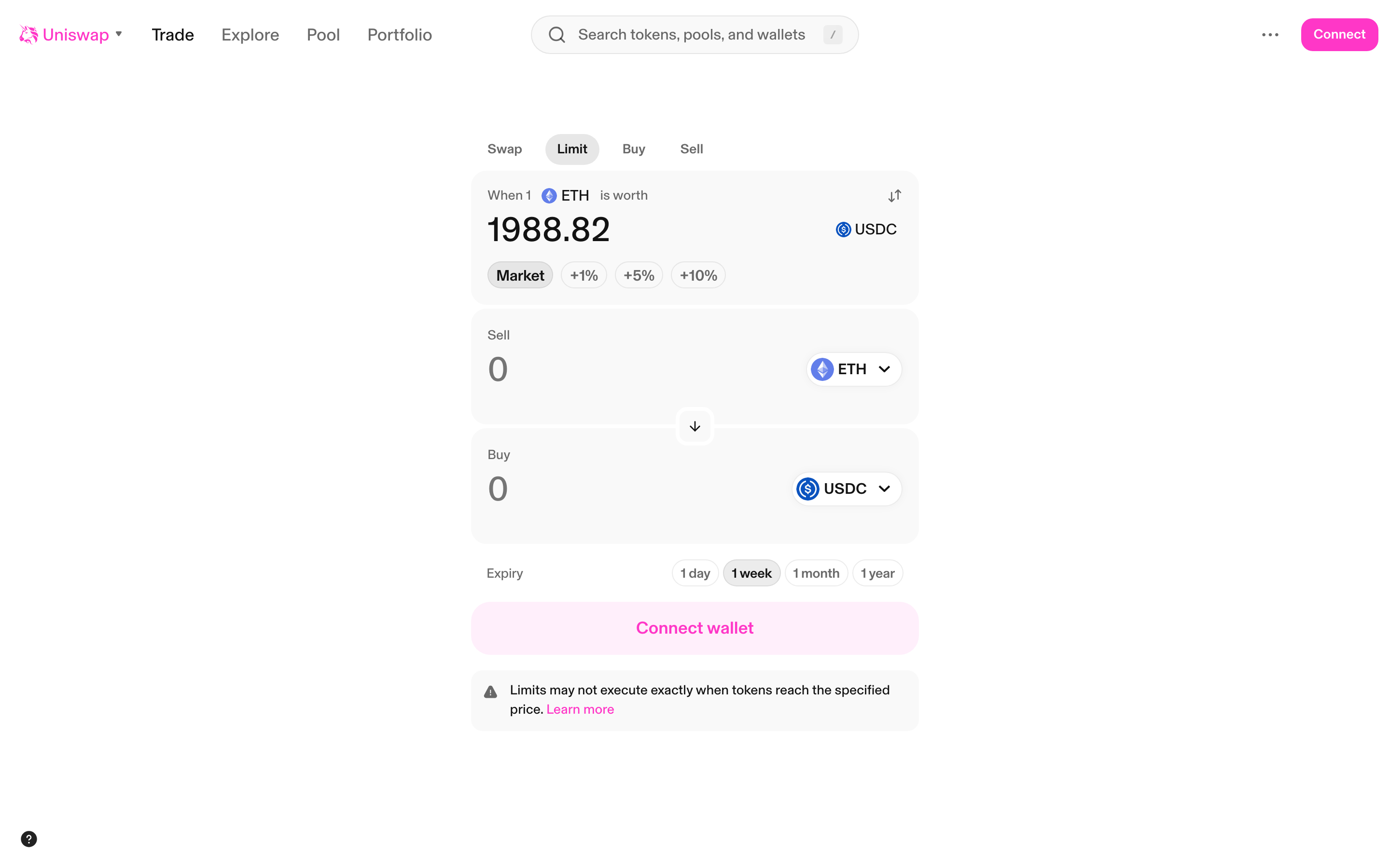 Uniswap - Limit order page - with limit price and market/percentage buttons