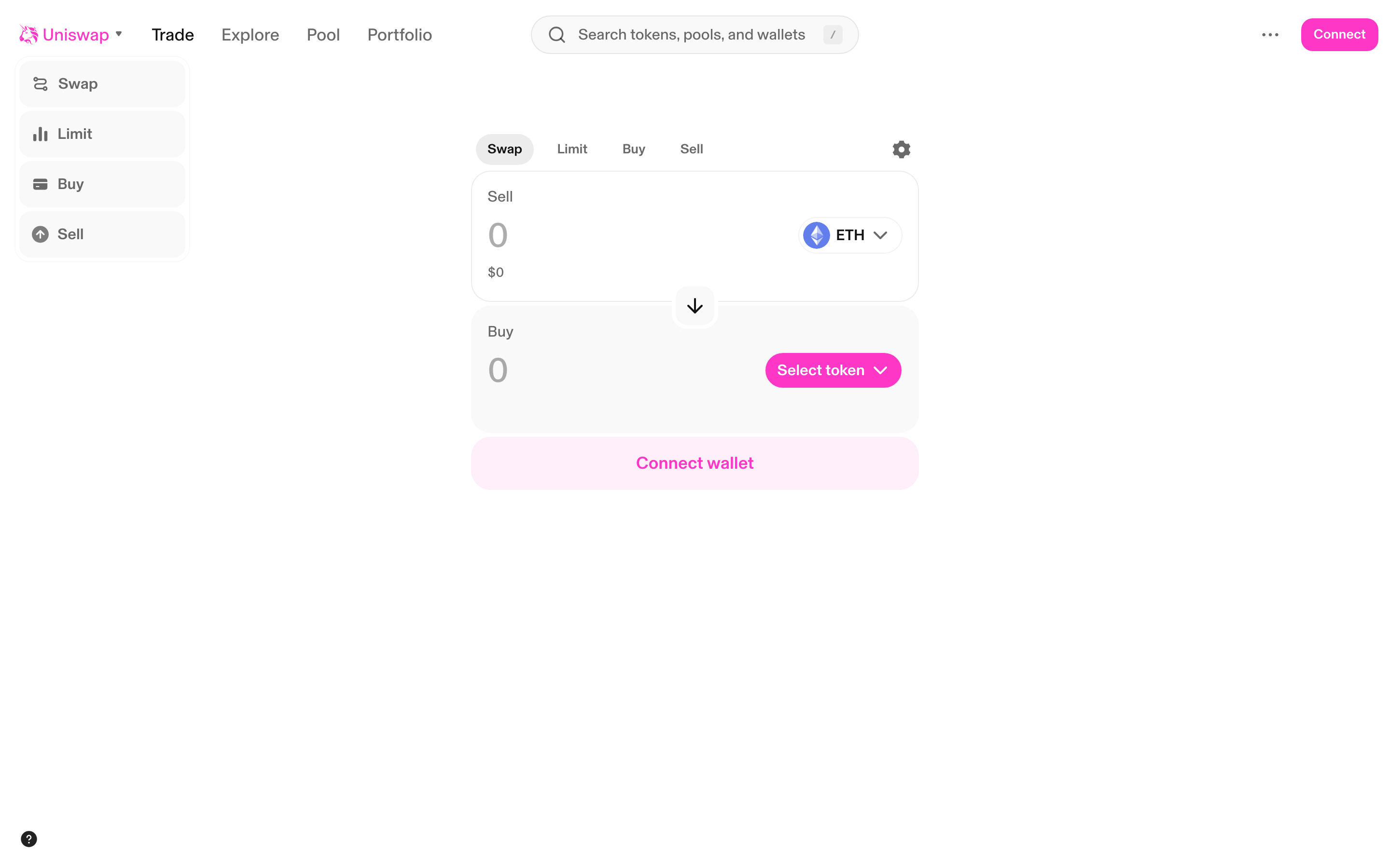 Uniswap - Swap page with Trade menu expanded - showing Swap/Limit/Buy/Sell options